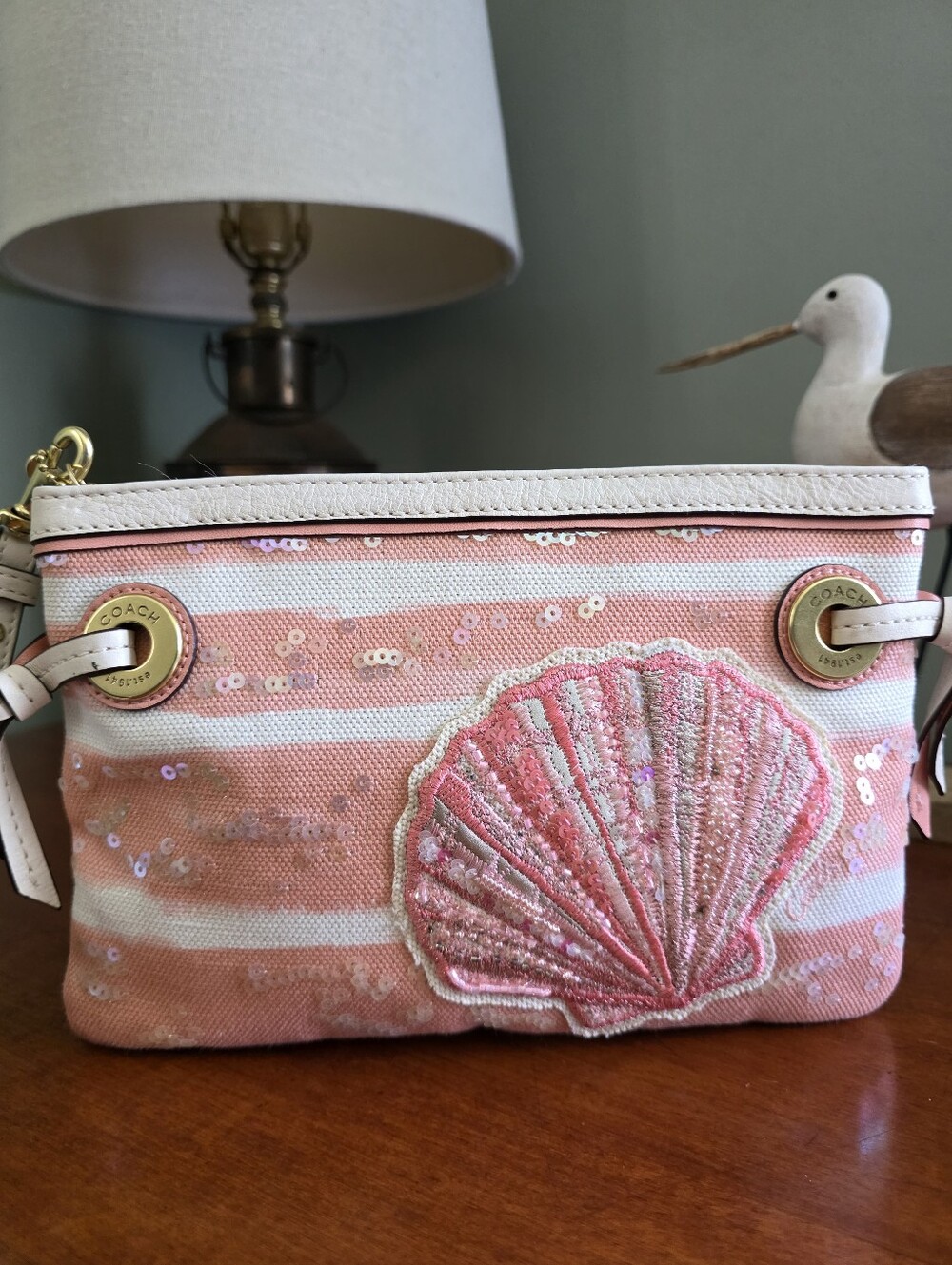 Coach Audrey Pink Sequin Shell Canvas Studded Wristlet Bag - Picture 2 of 16